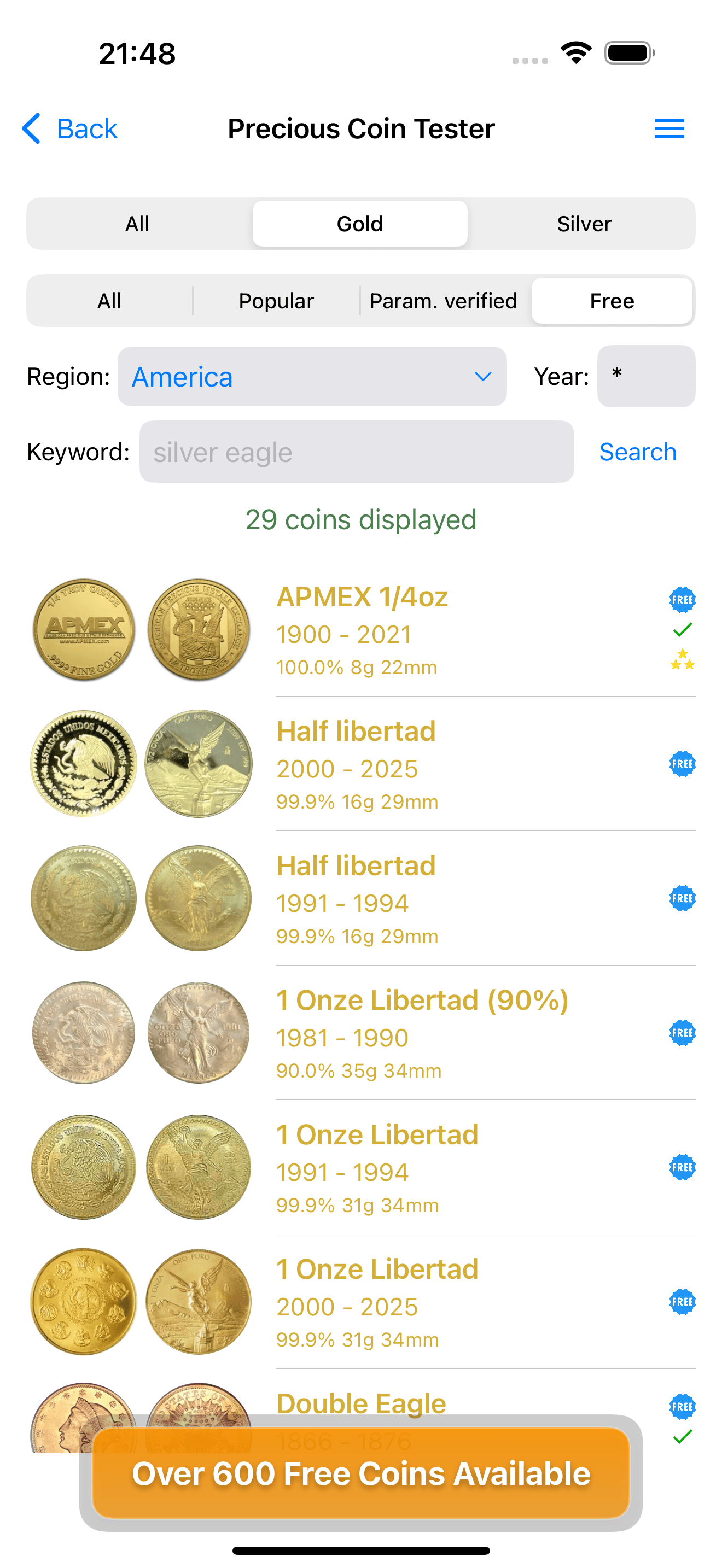 Precious Coin Tester coin list filtered to free gold coins