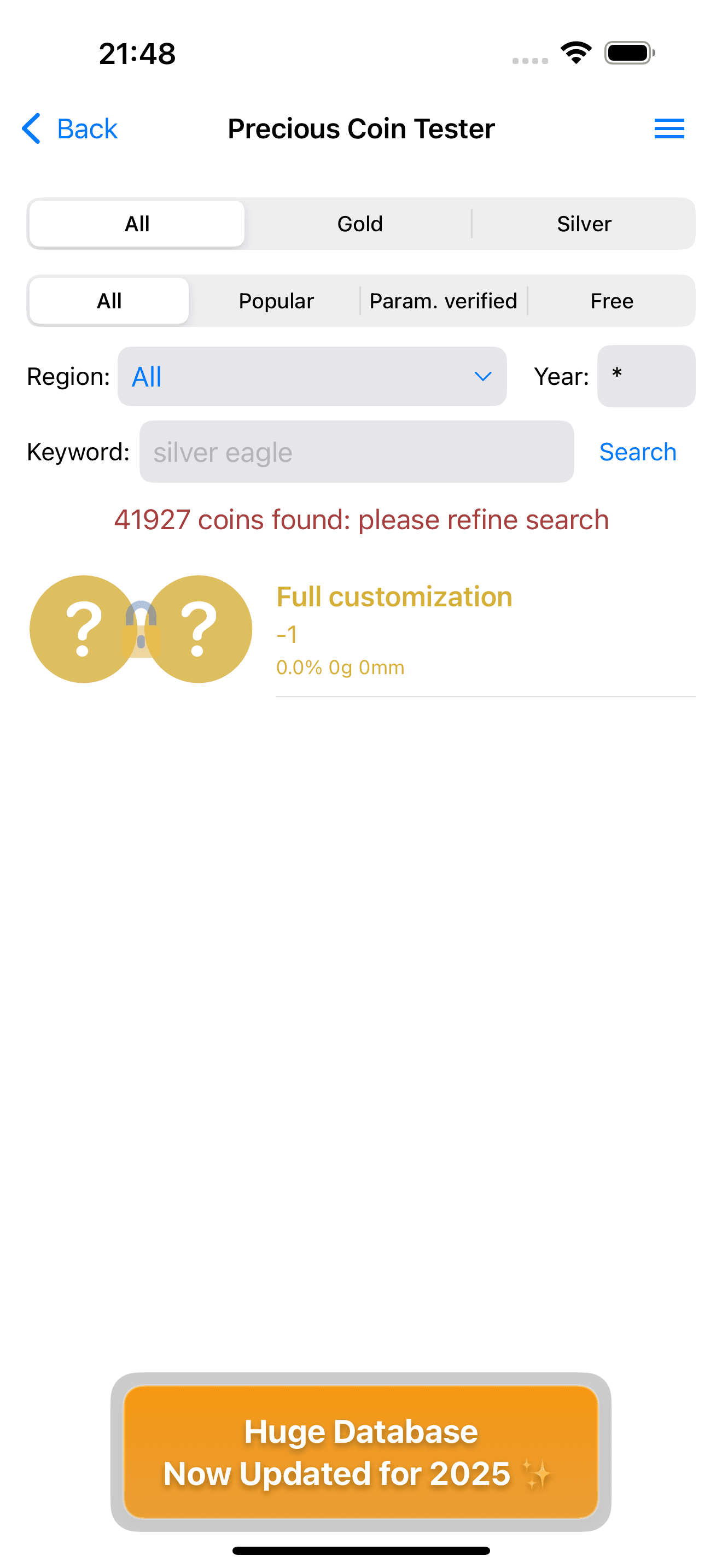 Precious Coin Tester search showing tens of thousands of coins
