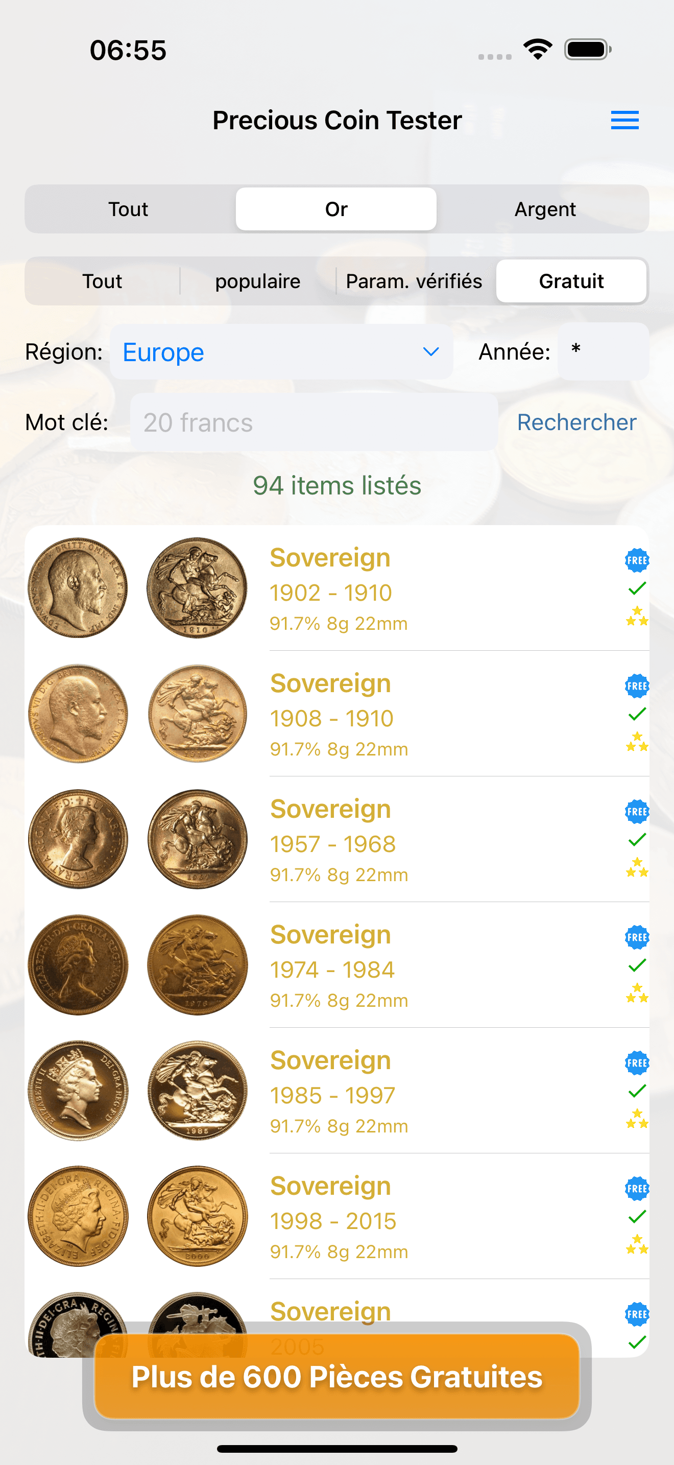 Liste des pièces de Precious Coin Tester filtrée sur les pièces d'or gratuites