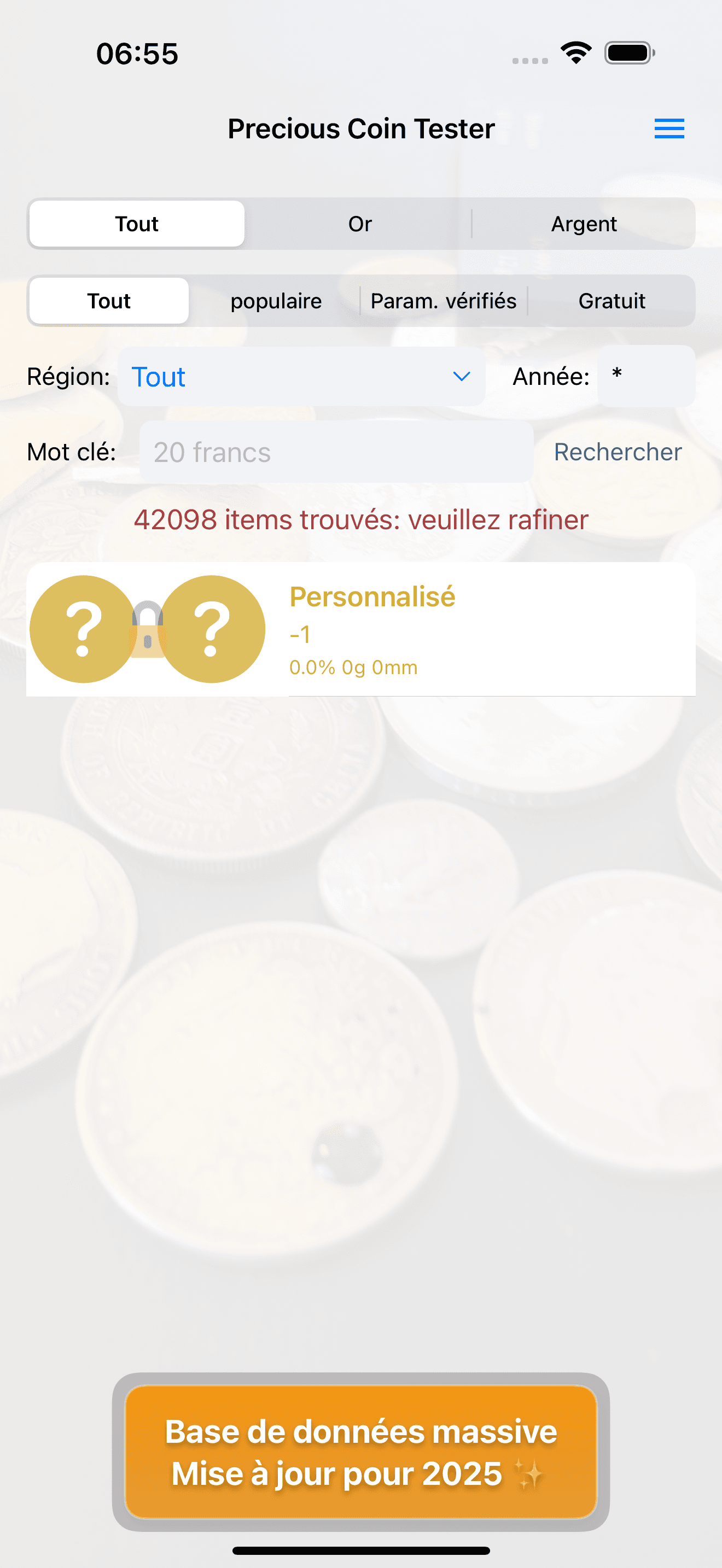 Recherche dans Precious Coin Tester affichant des dizaines de milliers de pièces
