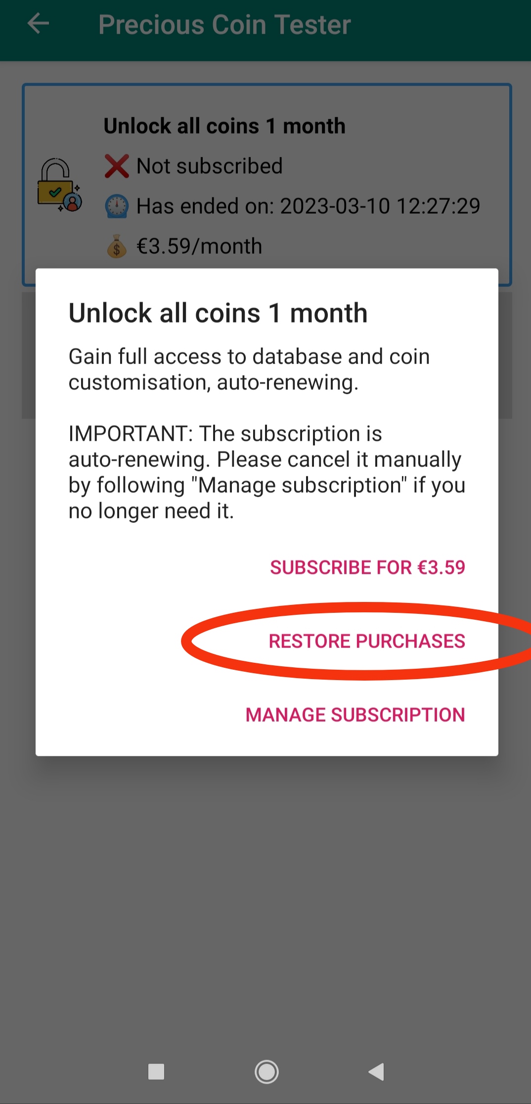 Restore purchases button